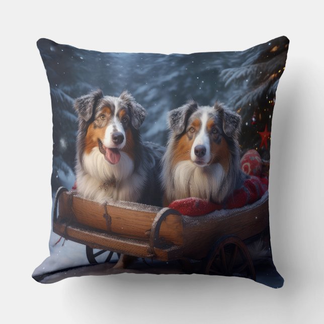 Australian Shepherd Snowy Sleigh Christmas Decor Cushion (Front)