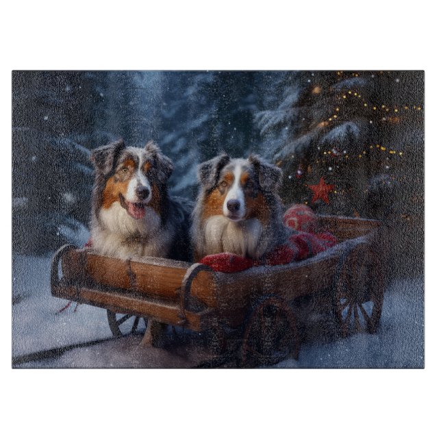 Australian Shepherd Snowy Sleigh Christmas Decor Cutting Board (Front)