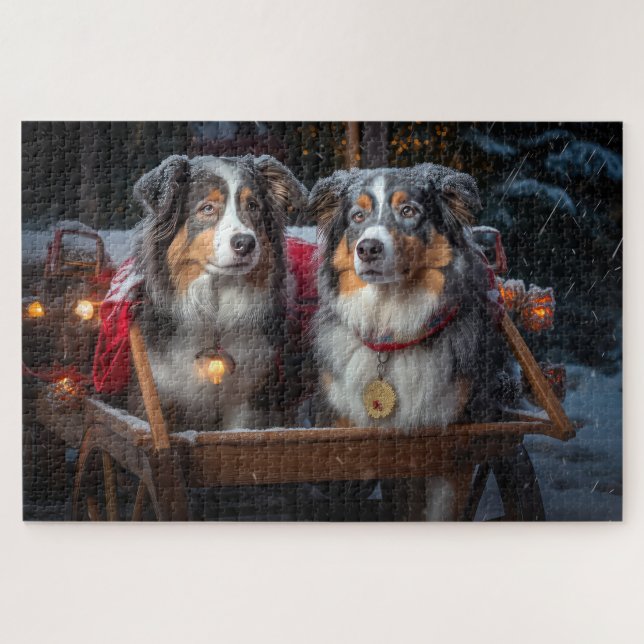 Australian Shepherd Snowy Sleigh Christmas Decor Jigsaw Puzzle (Horizontal)