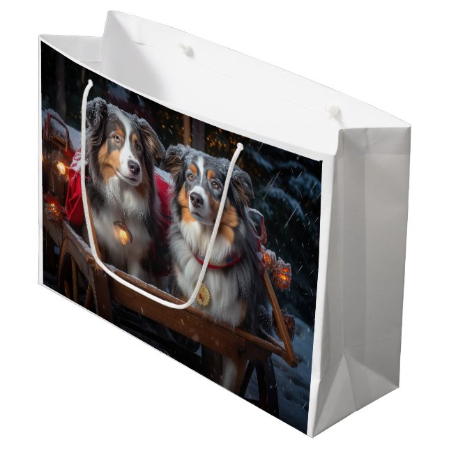 Australian Shepherd Snowy Sleigh Christmas Decor Large Gift Bag (Front Angled)