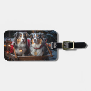 Australian Shepherd Snowy Sleigh Christmas Decor Luggage Tag