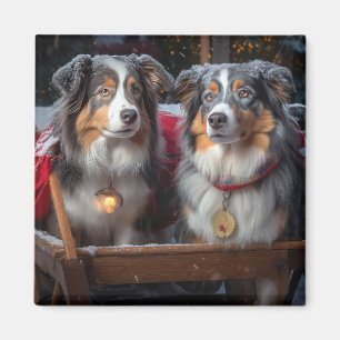 Australian Shepherd Snowy Sleigh Christmas Decor Magnet