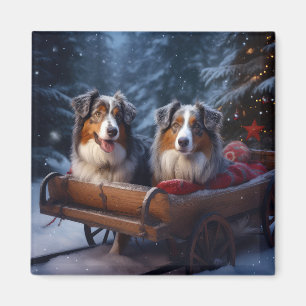 Australian Shepherd Snowy Sleigh Christmas Decor Magnet