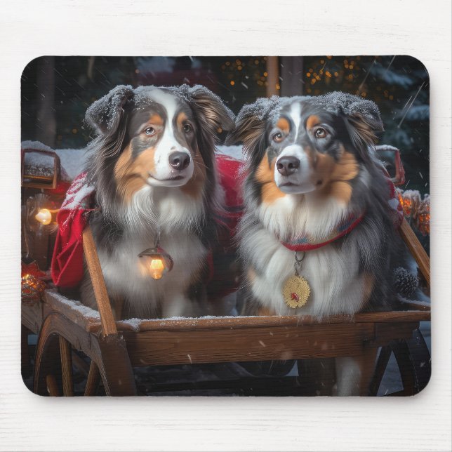 Australian Shepherd Snowy Sleigh Christmas Decor Mouse Mat (Front)