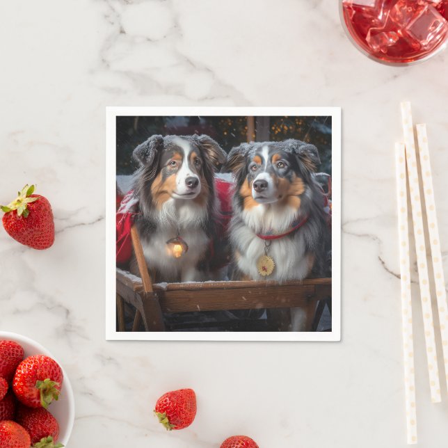 Australian Shepherd Snowy Sleigh Christmas Decor Napkin (Insitu)