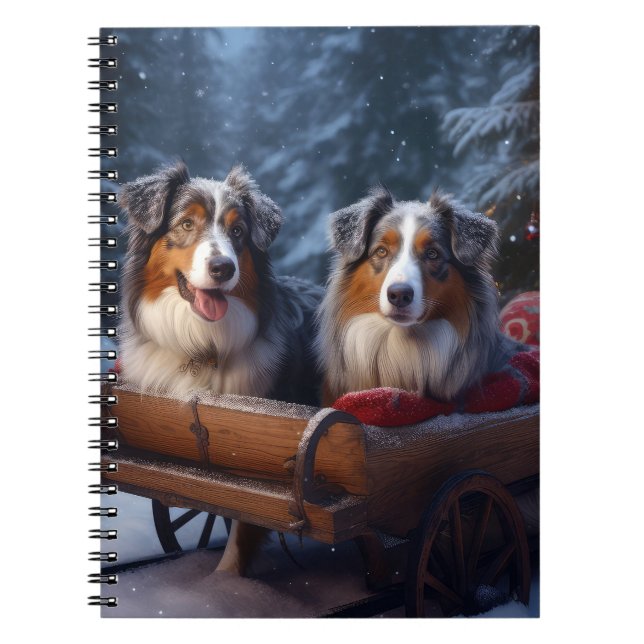 Australian Shepherd Snowy Sleigh Christmas Decor Notebook (Front)