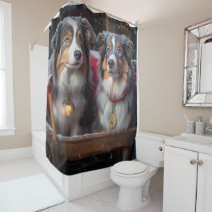 Australian Shepherd Snowy Sleigh Christmas Decor Shower Curtain