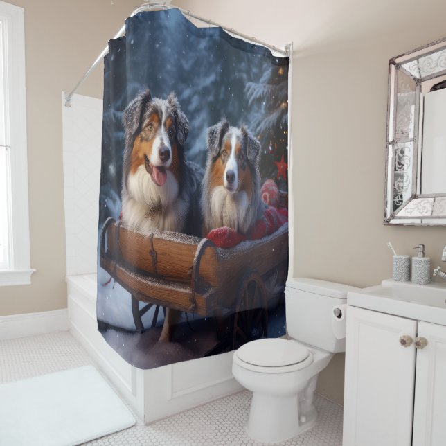 Australian Shepherd Snowy Sleigh Christmas Decor Shower Curtain (In Situ)