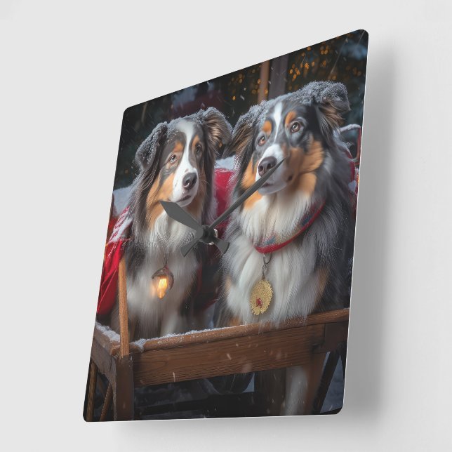 Australian Shepherd Snowy Sleigh Christmas Decor Square Wall Clock (Angle)