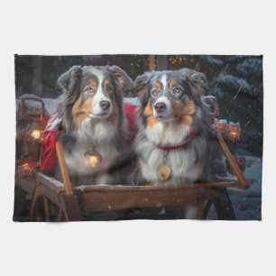 Australian Shepherd Snowy Sleigh Christmas Decor Tea Towel