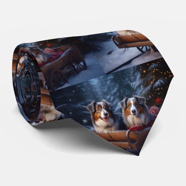 Australian Shepherd Snowy Sleigh Christmas Decor Tie (Rolled)