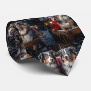 Australian Shepherd Snowy Sleigh Christmas Decor Tie