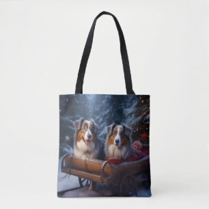 Australian Shepherd Snowy Sleigh Christmas Decor Tote Bag