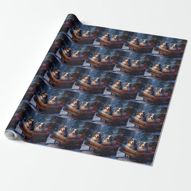 Australian Shepherd Snowy Sleigh Christmas Decor Wrapping Paper (Unrolled)