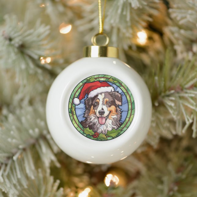 Australian Shepherd Stained Glass Christmas Ceramic Ball Christmas Ornament (Tree)