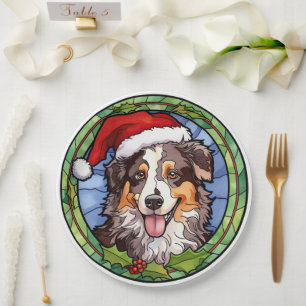 Australian Shepherd Stained Glass Christmas Paper Plate