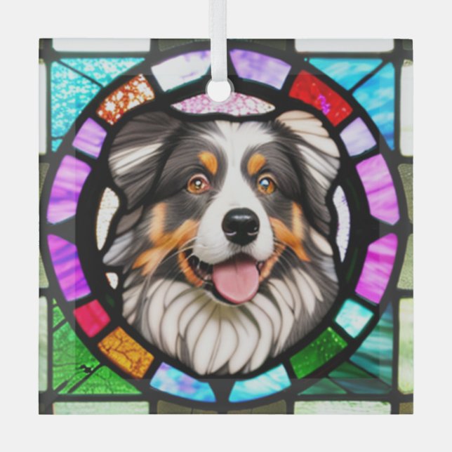 Australian Shepherd "Stained Glass"  Glass Tree Decoration (Front)