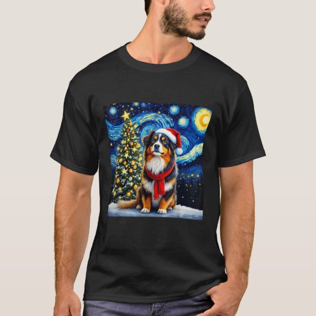 Australian Shepherd Starry Night Christmas Van Gog T-Shirt (Front)