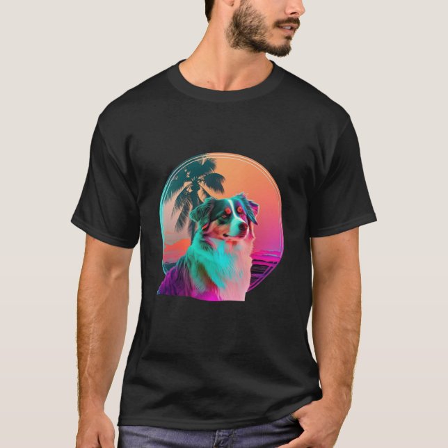 Australian Shepherd Synthwave 80s Retrowave Aesthe T-Shirt (Front)