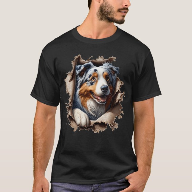 Australian Shepherd Tearing Out Ripping Through T-Shirt (Front)