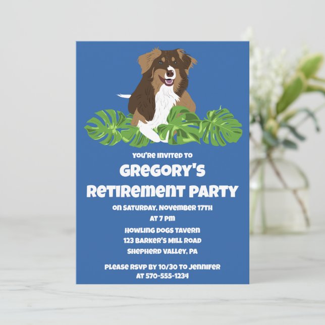 Australian Shepherd Tropical Leaves Party Invitation (Standing Front)