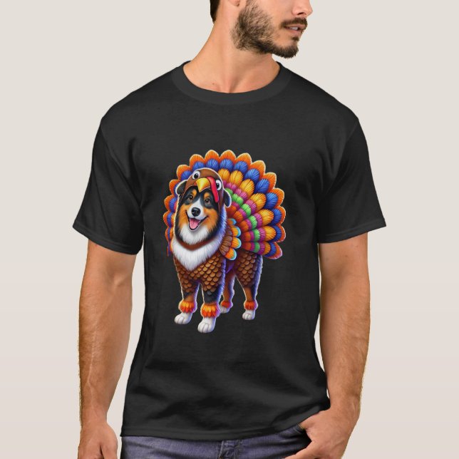 Australian Shepherd Turkey Funny Thanksgiving Anim T-Shirt (Front)