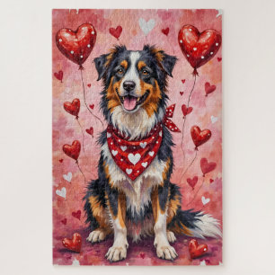 Australian Shepherd Valentine Dog Art with Hearts Jigsaw Puzzle