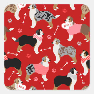 Australian Shepherd Valentine Pattern Square Stick Square Sticker