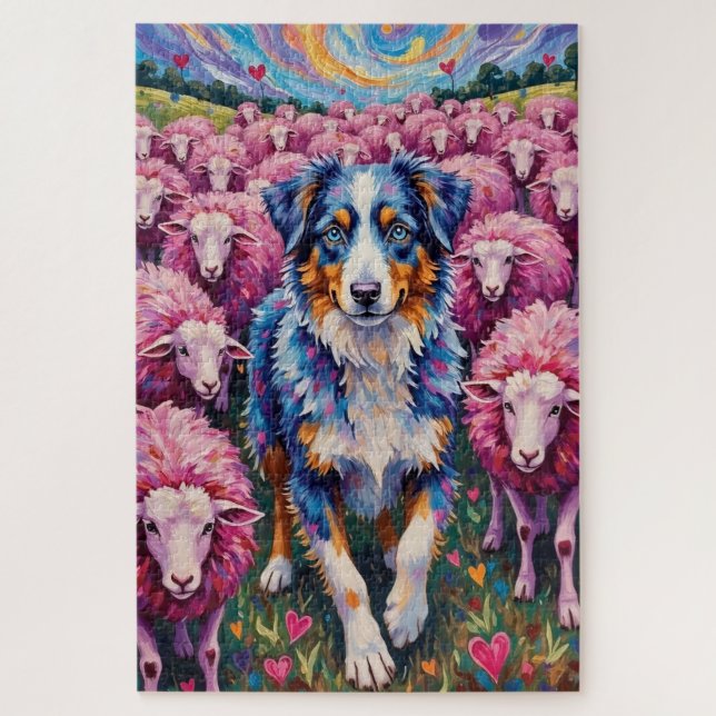 Australian Shepherd Valentine's Day Herding Hearts Jigsaw Puzzle (Vertical)