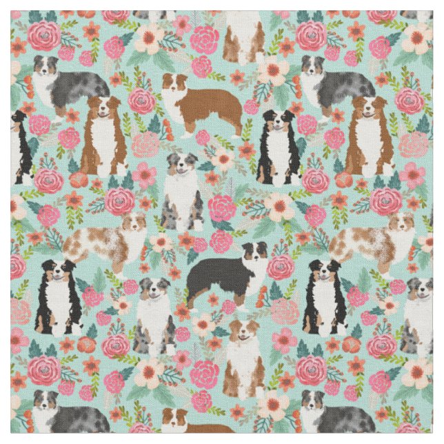 Australian Shepherd vintage florals mint mix Fabric (Close Up)