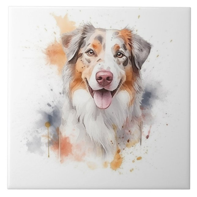 Australian Shepherd Watercolor Dog Tile (Front)