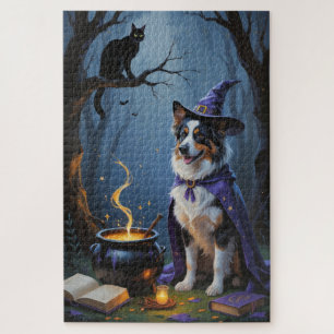 Australian Shepherd Whimsical Halloween Painting Jigsaw Puzzle