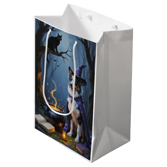 Australian Shepherd Whimsical Halloween Painting Medium Gift Bag (Front Angled)