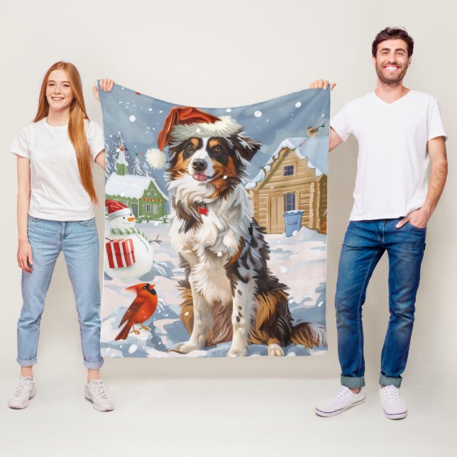 Australian Shepherd Winter Wonderland Christmas Fleece Blanket (In Situ)