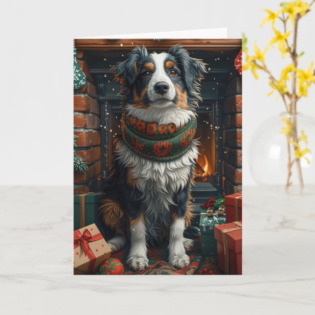 Australian Shepherd with Christmas Gifts Fireplace Card (Yellow Flower)