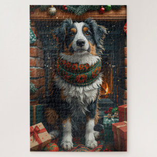 Australian Shepherd with Christmas Gifts Fireplace Jigsaw Puzzle