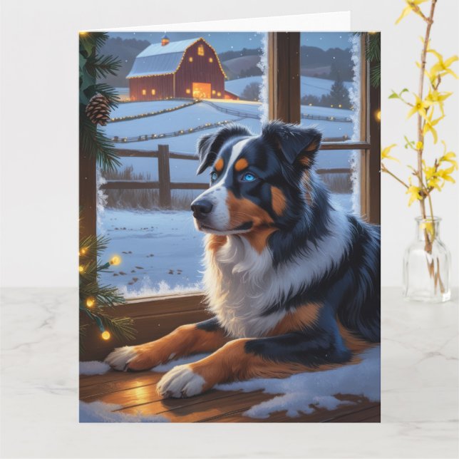 Australian Shepherd With Christmas Lights Holiday Card (Yellow Flower)