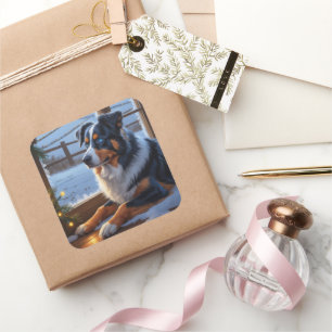 Australian Shepherd With Christmas Lights Holiday Square Sticker