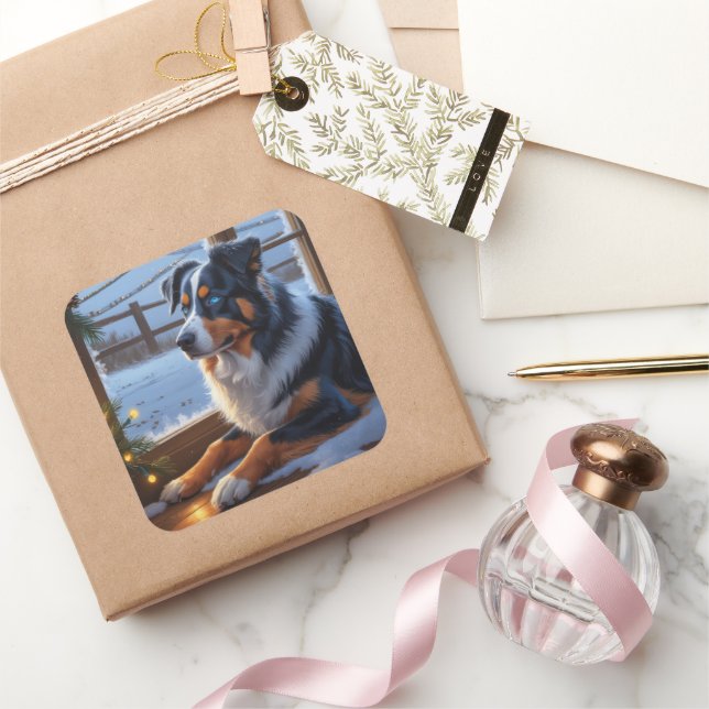 Australian Shepherd With Christmas Lights Holiday Square Sticker (Gifting)