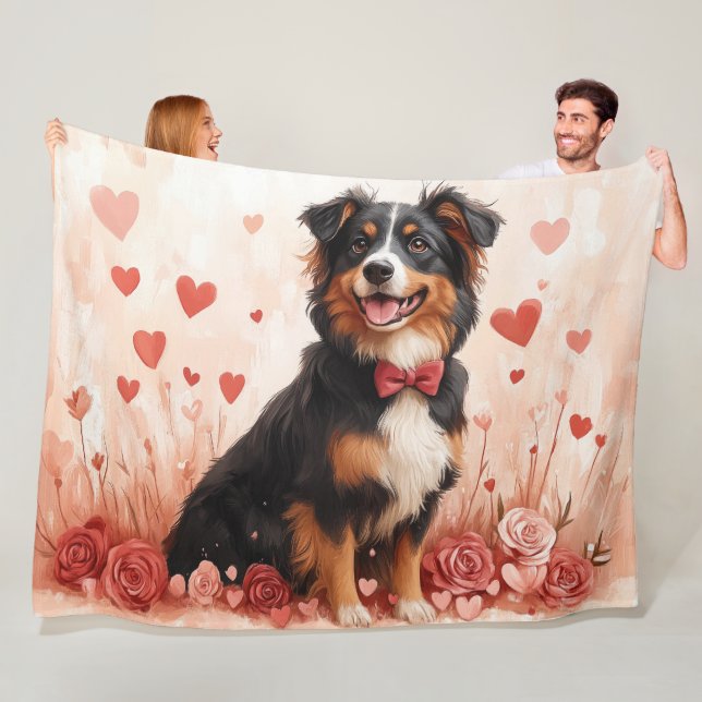 Australian Shepherd with Roses - Valentine's Day  Fleece Blanket (In Situ)