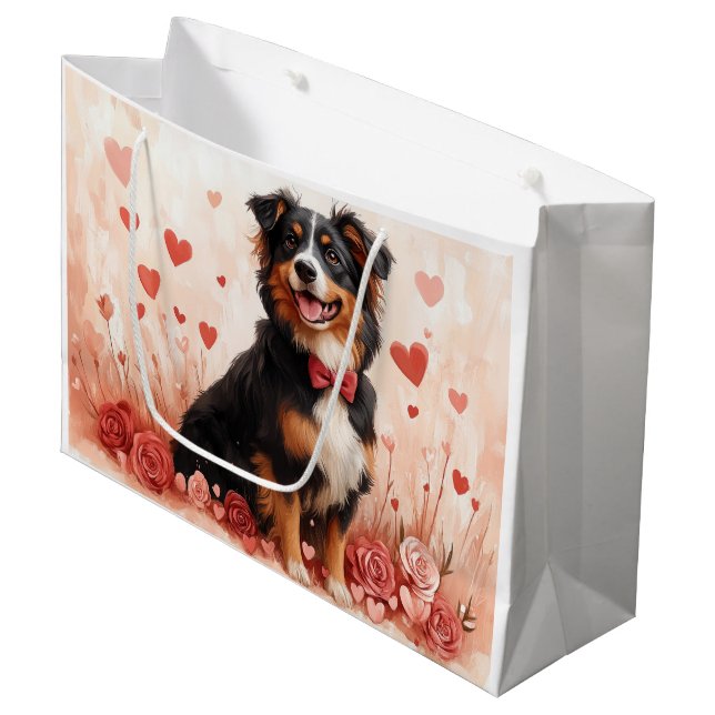 Australian Shepherd with Roses - Valentine's Day  Large Gift Bag (Front Angled)