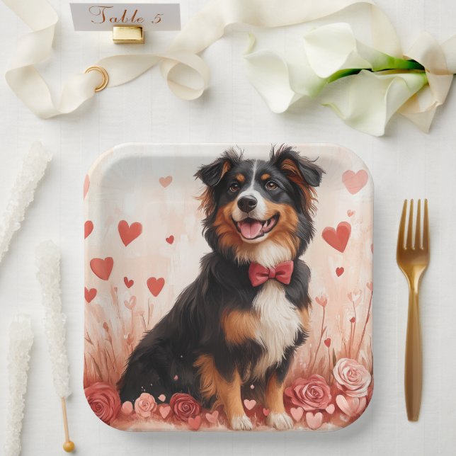 Australian Shepherd with Roses - Valentine's Day  Paper Plate (Wedding)