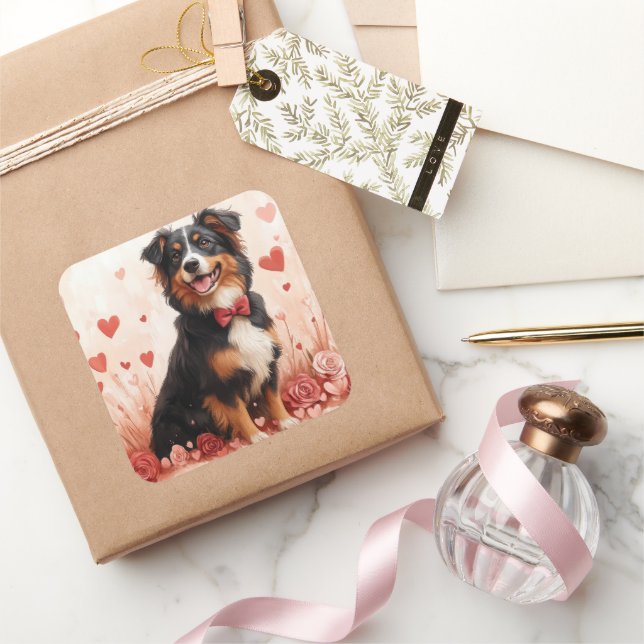 Australian Shepherd with Roses - Valentine's Day  Square Sticker (Gifting)