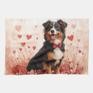 Australian Shepherd with Roses - Valentine's Day  Tea Towel