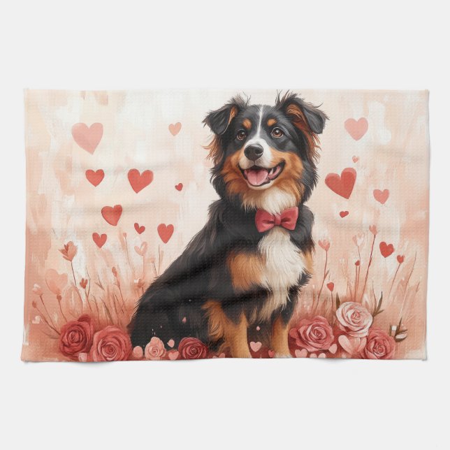 Australian Shepherd with Roses - Valentine's Day  Tea Towel (Horizontal)