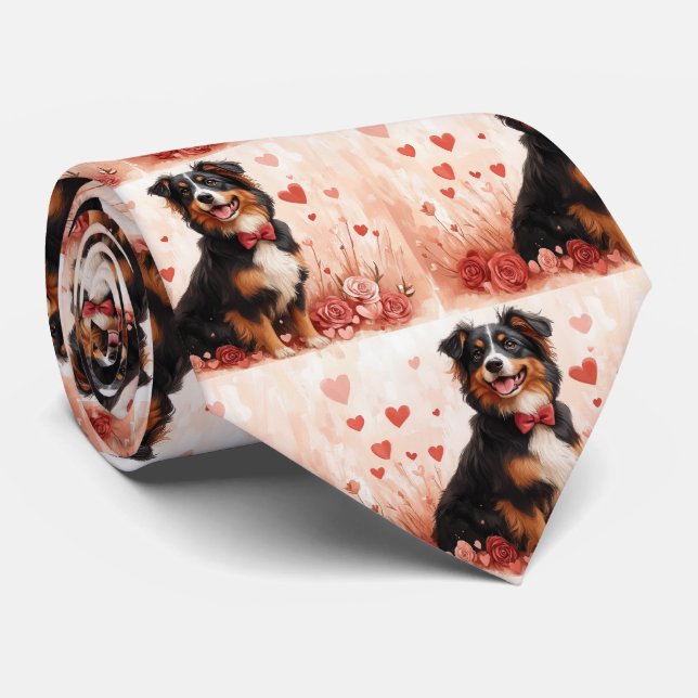 Australian Shepherd with Roses - Valentine's Day  Tie (Rolled)