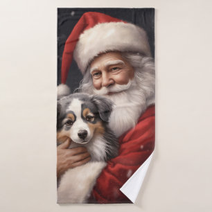 Australian Shepherd with Santa Claus Christmas  Bath Towel Set