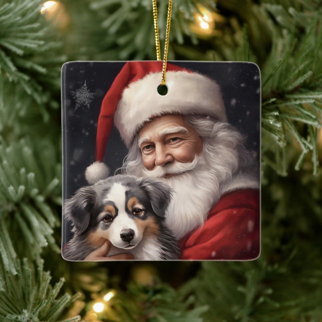 Australian Shepherd with Santa Claus Christmas  Ceramic Ornament (Tree)