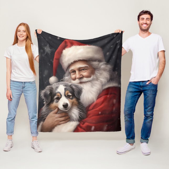 Australian Shepherd with Santa Claus Christmas  Fleece Blanket (In Situ)