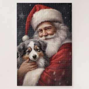 Australian Shepherd with Santa Claus Christmas Jigsaw Puzzle